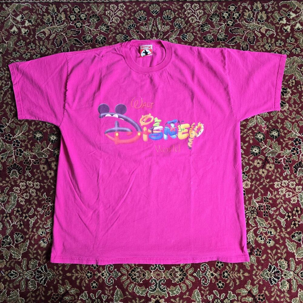 Mickey Mouse T-Shirt Size Large Vintage Disney World Spellout Single Stitch Pink